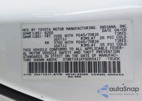 2000 Toyota Tundra Sr5 V8 z USA, uszkodzony, nr VIN 5TBRT341XYS085417
